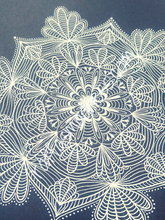 Load image into Gallery viewer, Hand-drawn original work. Black and white mandala designs drip through this flower pattern and pull you into a light and serene space. Softness, connection, love, and support will your heart with this gel pen drawing.  Sacred geometry, meditative art, mandala art therapy. Spiritual artwork and energetic artwork made in Canada.
